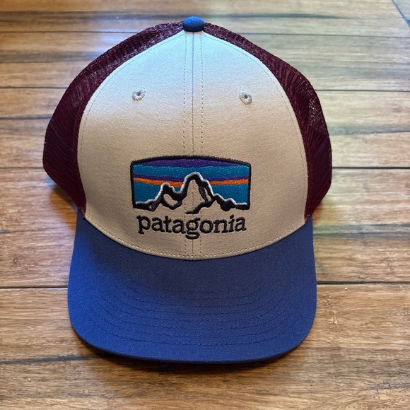 Patagonia Mesh Back Trucker Hat Cap Mountain Logo Patch Blue Maroon Snapback - Picture 1 of 10